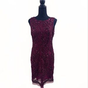 SD Collections Burgundy Beaded Cocktail Dress – Size 10P